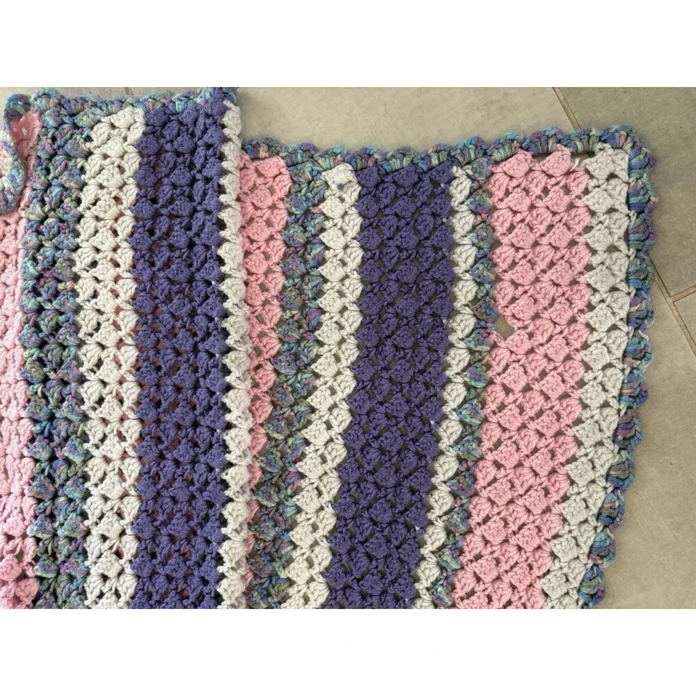Handmade Knit Crochet Multi Color Afghan Blanket  Baby Approx. 42”x46”